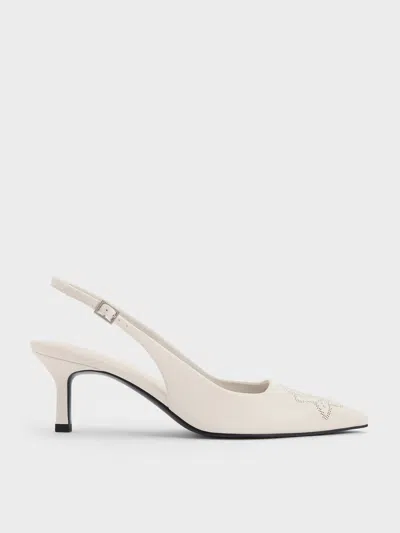 Charles & Keith - Perforated Rose Pointed-toe Kitten-heel Slingback Pumps