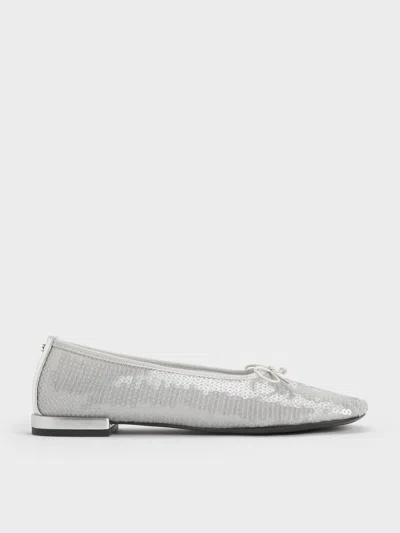 Charles & Keith - Sequin Mesh & Leather Bow Ballet Flats