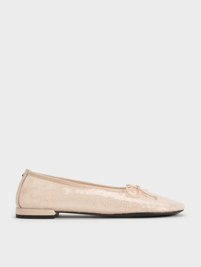 Charles & Keith - Sequin Mesh & Leather Bow Ballet Flats