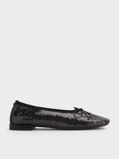 Charles & Keith - Sequin Mesh & Leather Bow Ballet Flats