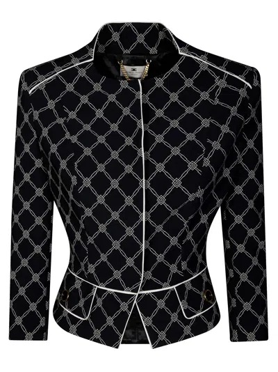 Elisabetta Franchi Structured High Collar Jacket With Geometric Pattern In Black