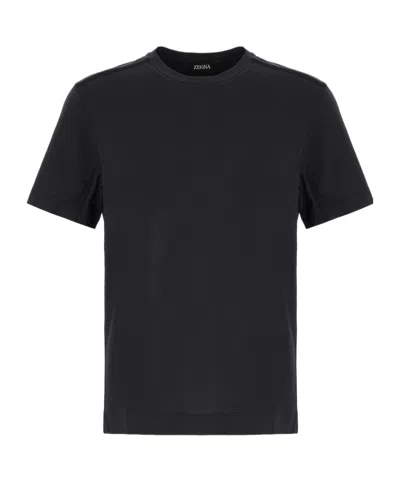 Zegna Navy Blue Piquet Cotton T-shirt In Black