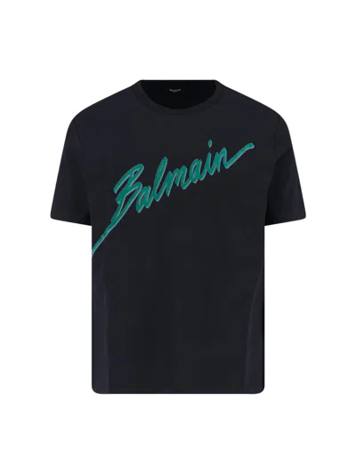 Balmain Crew Neck Flocked Letter T-shirt In Black