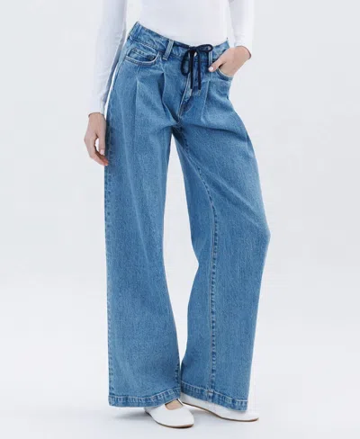 Vervet By Flying Monkey Unabashed - Super High Rise Pleated Drawstring Wide Leg Jeans In Medium