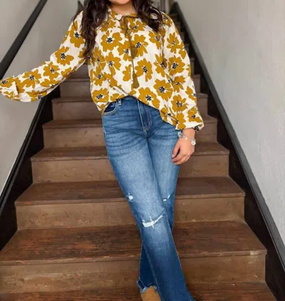 Doe & Rae Adeline Top In Mustard In Blue