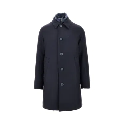 Herno Dark Blue Wool Blend Coat With Removable Lining And Classic Lapel In Blue