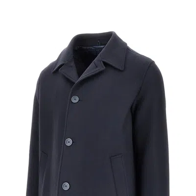 Herno Dark Blue Wool Blend Coat With Removable Lining And Classic Lapel In Blue