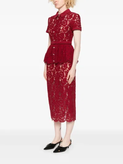 Self-portrait Bordeaux Lace Peplum Midi Dress In Burgundy