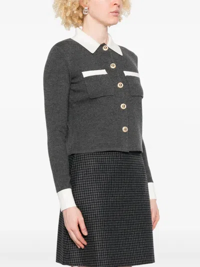 Self-portrait Fitted Grey Knit Sweater With Button-down Front In Gray