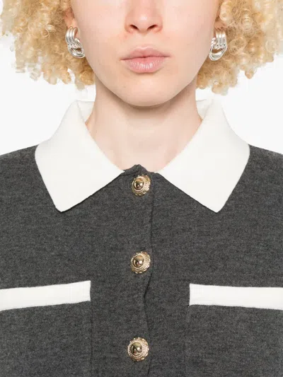 Self-portrait Fitted Grey Knit Sweater With Button-down Front In Gray