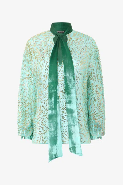Roberto Cavalli Silk Blend Blouse With Shimmering Pattern In Green