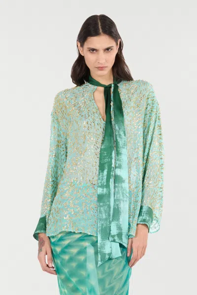 Roberto Cavalli Silk Blend Blouse With Shimmering Pattern In Green