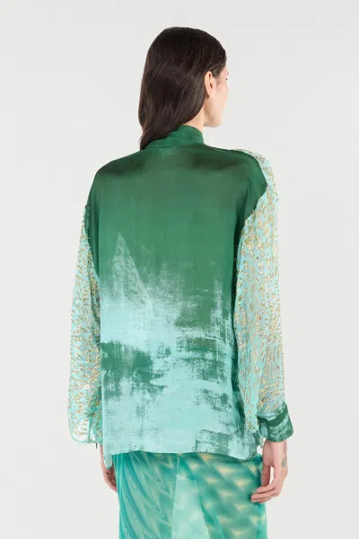 Roberto Cavalli Silk Blend Blouse With Shimmering Pattern In Green