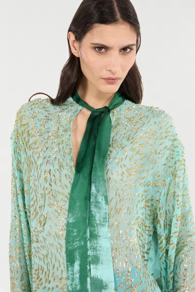 Roberto Cavalli Silk Blend Blouse With Shimmering Pattern In Green