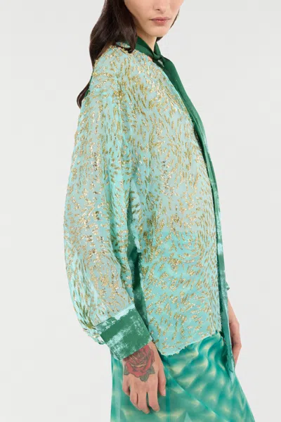 Roberto Cavalli Silk Blend Blouse With Shimmering Pattern In Green