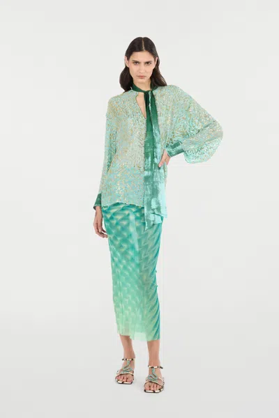 Roberto Cavalli Silk Blend Blouse With Shimmering Pattern In Green