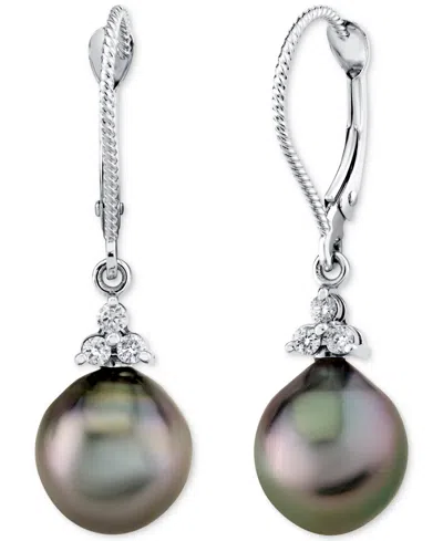 Macy's Cultured Tahitian Pearl (9mm) & Diamond (1/8 Ct. T.w.) Drop Earrings In 14k White Gold