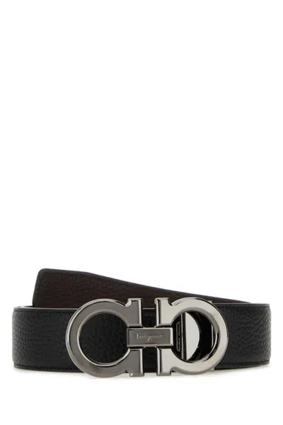 Ferragamo Textured Calf Leather Belt With Interlocking Metallic Buckle In Black