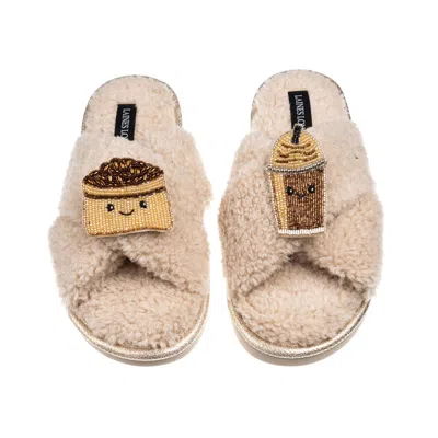 Laines London Women's Brown / Neutrals Laines Boucle Slippers With Laines Loveables Coffee Beans & Frappe Brooches
