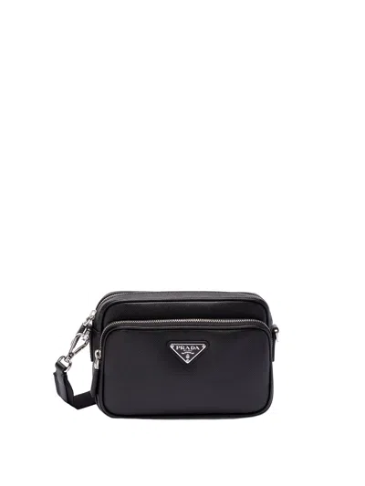 Prada Small Shoulder Bag With Adjustable Strap And Front Zip Pocket In Black