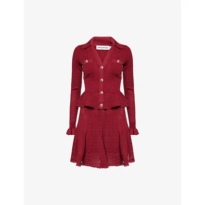 Self-portrait Burgundy Mini Dress With V-neck And Flared Hem In Red