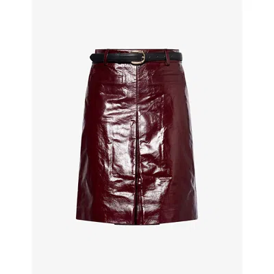 Self-portrait Glossy Burgundy A-line Leather Mini Skirt In Brown