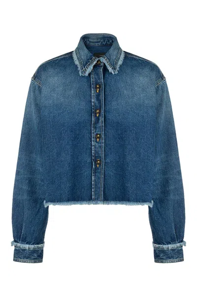 Alanui Fringed Cropped Denim Shirt In Dark Wash