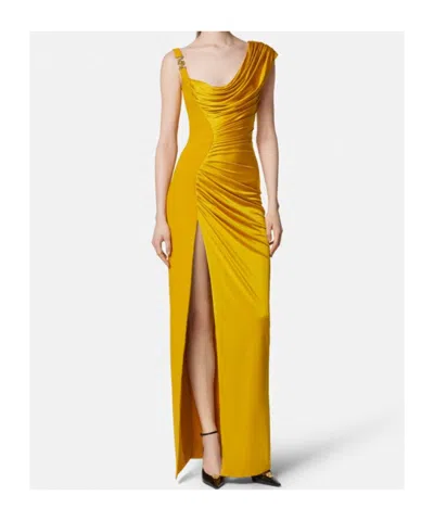 Versace Orange Sleeveless Long Dress With Medusa Plaque On The Front Draping In Yellow
