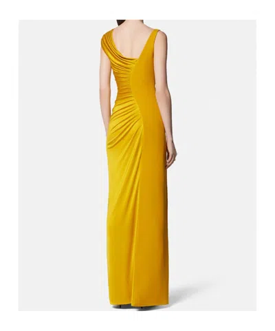 Versace Orange Sleeveless Long Dress With Medusa Plaque On The Front Draping In Yellow