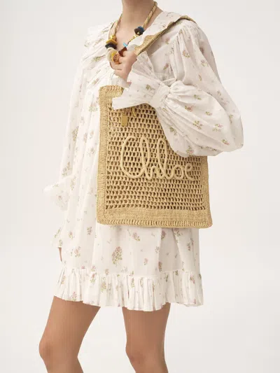 Chloé Chloe Women Embroidered Raffia Small Summer Banana Shopping Bag