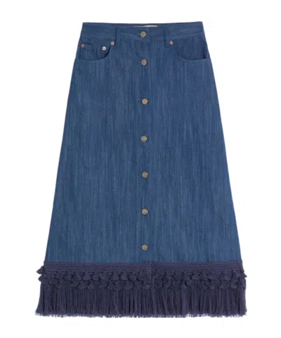 Valentino Cotton-linen Fringed Midi Skirt In Blue