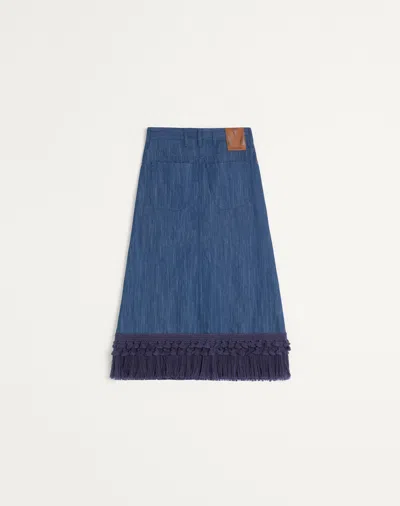 Valentino Cotton-linen Fringed Midi Skirt In Blue