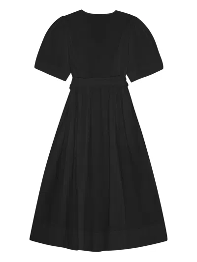 Ganni Belted Bow-embellished Stretch-cotton Poplin Midi Dress In Black