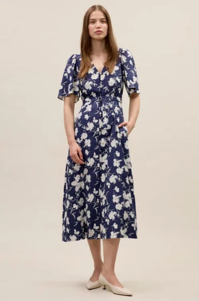 Rebecca Taylor Bea Linen Midi Dress In Navy Combo In Blue