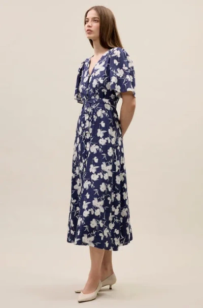 Rebecca Taylor Bea Linen Midi Dress In Navy Combo In Blue