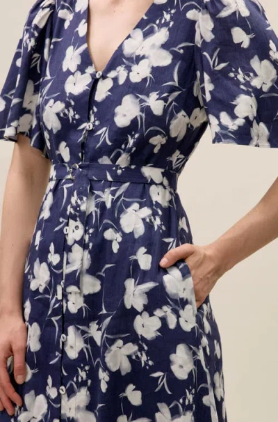 Rebecca Taylor Bea Linen Midi Dress In Navy Combo In Blue