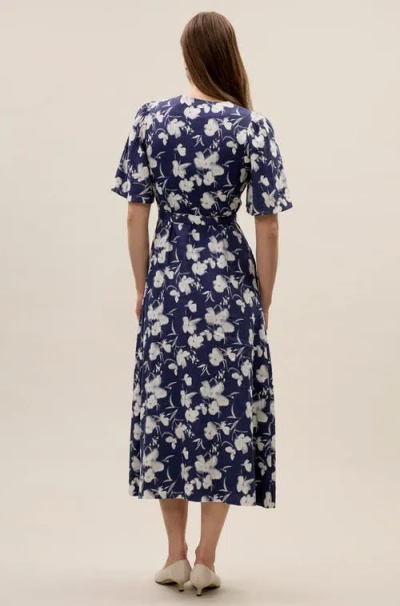 Rebecca Taylor Bea Linen Midi Dress In Navy Combo In Blue