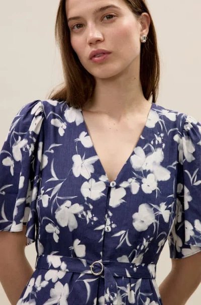 Rebecca Taylor Bea Linen Midi Dress In Navy Combo In Blue