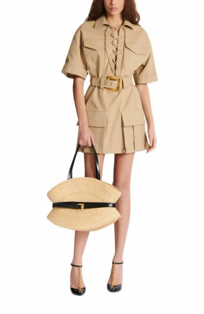 Balmain Medium Structured Shoulder Bag With Woven Texture In Nude