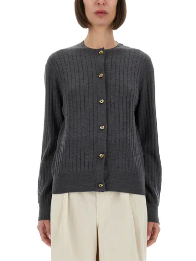 Bottega Veneta Ribbed Wool Cardigan Knitwear Grey In Gray