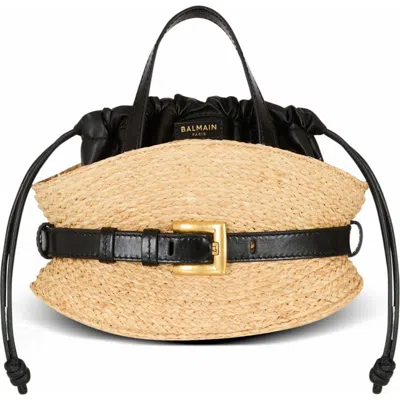 Balmain Shuffle Mini Top-handle Bag In Raffia And Calfskin In Nude