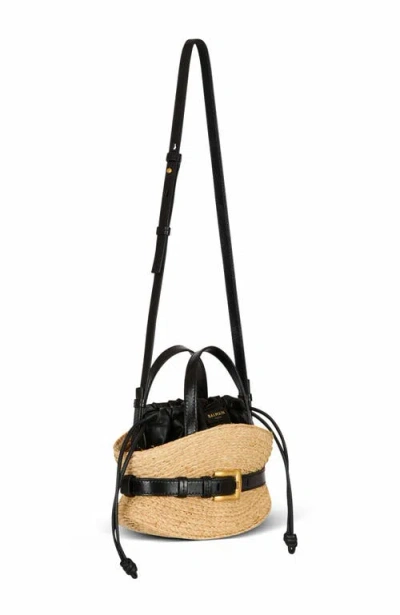 Balmain Shuffle Mini Top-handle Bag In Raffia And Calfskin In Nude
