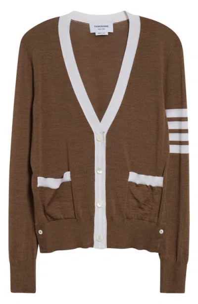 Thom Browne Relaxed Fit V Neck Cardigan 4 Bar Stripe In Brown