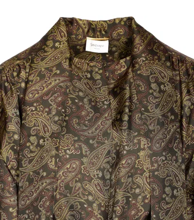 Saint Laurent Pussy-bow Belted Paisley-print Silk-twill Mini Dress In Green