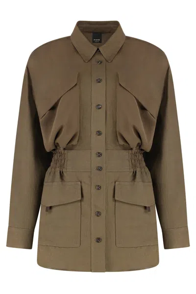 Pinko Linen Shirt Jacket With Four Patch Pockets In Brown