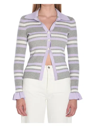 Self-portrait Grey Cardigan With Spread Collar And All-over Striped Motif In Viscose Blend Woman In Multi
