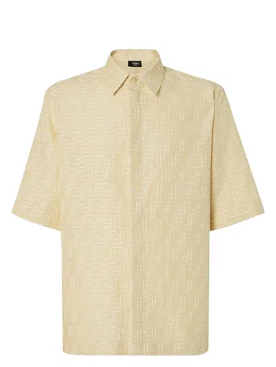Fendi Men Yellow Shirt With Wide Short Sleeves And All-over Ff Motif In Linen Blend Man