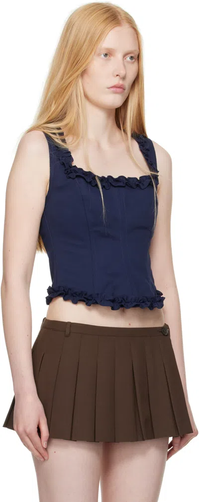 Sandy Liang Navy Piper Corset Top In Blue