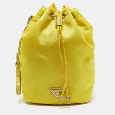 Pre-owned Prada Yellow Leather And Nylon Drawstring Bucket Bag