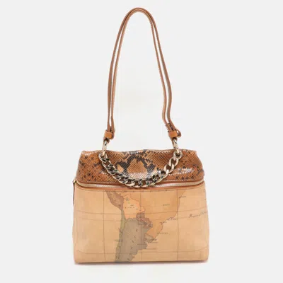 Pre-owned Alviero Martini 1a Classe Tan Geo Canvas And Python Embossed Leather Top Handle Bag In Brown